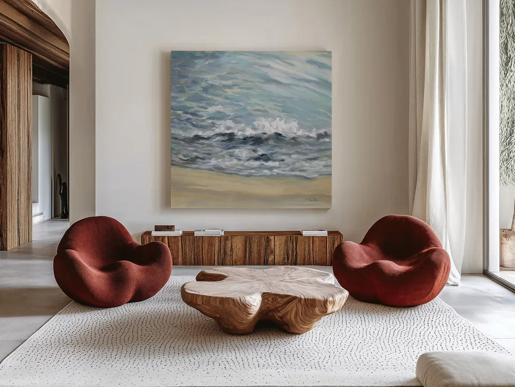 Playful Wave by Silvia Vassileva. Shown as extra-large giant wall art in a modern living room. Available as an archival giclee rolled canvas, fine art paper, or poster print. SKU 72294a.