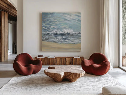 Playful Wave by Silvia Vassileva. Shown as extra-large giant wall art in a modern living room. Available as an archival giclee rolled canvas, fine art paper, or poster print. SKU 72294a.