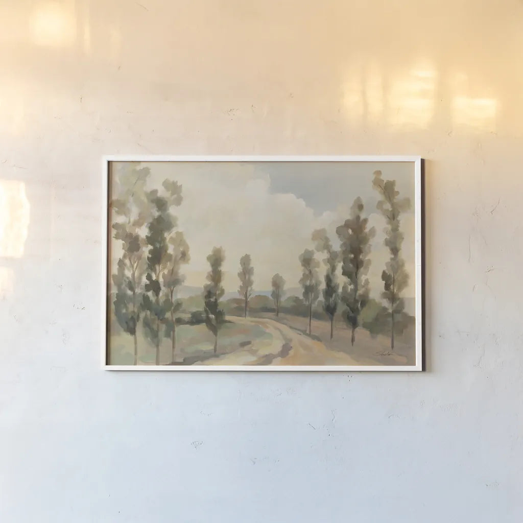 Poplars by the Road by Silvia Vassileva. shown as a paper print in a white frame. Available as a archival giclee rolled canvas, fine art paper, or poster print. SKU 86523i.