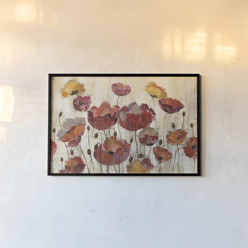 Poppies in the Rain by Silvia Vassileva. shown as a paper print in a black flame. Available as a archival giclee rolled canvas, fine art paper, or poster print. SKU 15008i.