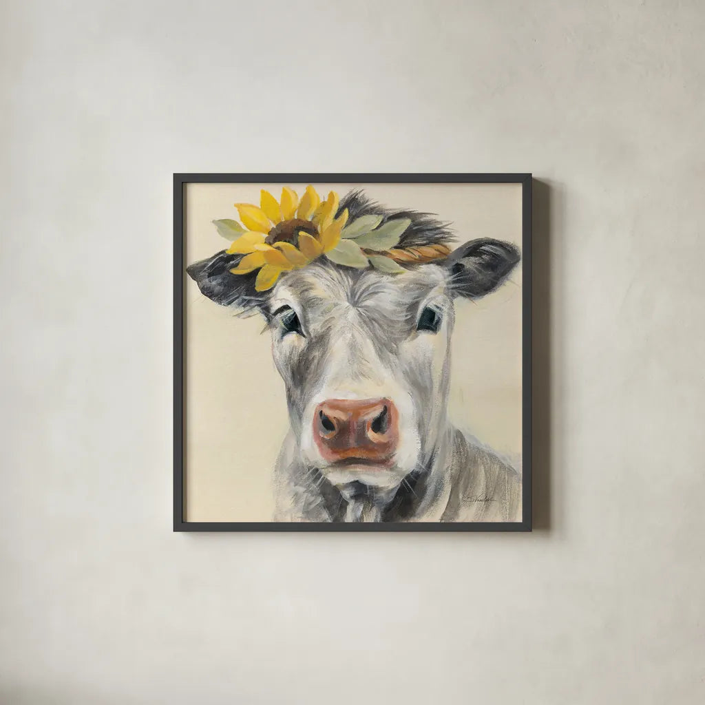 Pretty Cow by Silvia Vassileva. Shown in a sleek black glass frame for a contemporary gallery look. Available as an archival giclee rolled canvas, fine art paper, or poster print. SKU 77108a.