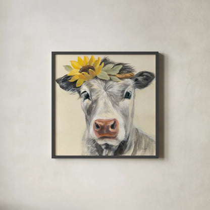 Pretty Cow by Silvia Vassileva. Shown in a sleek black glass frame for a contemporary gallery look. Available as an archival giclee rolled canvas, fine art paper, or poster print. SKU 77108a.