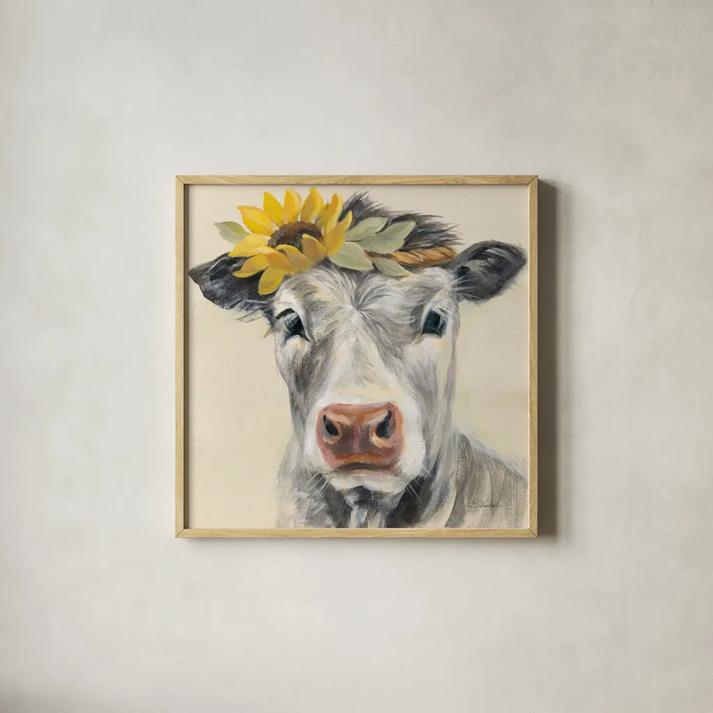 Pretty Cow by Silvia Vassileva. Shown in a natural wood glass frame for a timeless modern aesthetic. Available as an archival giclee rolled canvas, fine art paper, or poster print. SKU 77108a.