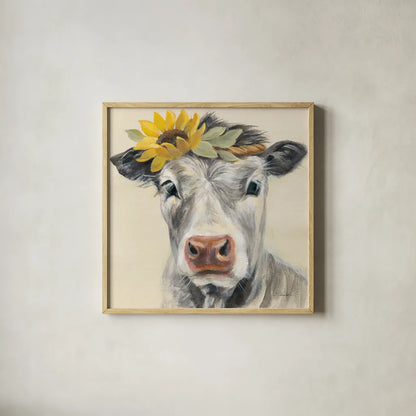Pretty Cow by Silvia Vassileva. Shown in a natural wood glass frame for a timeless modern aesthetic. Available as an archival giclee rolled canvas, fine art paper, or poster print. SKU 77108a.