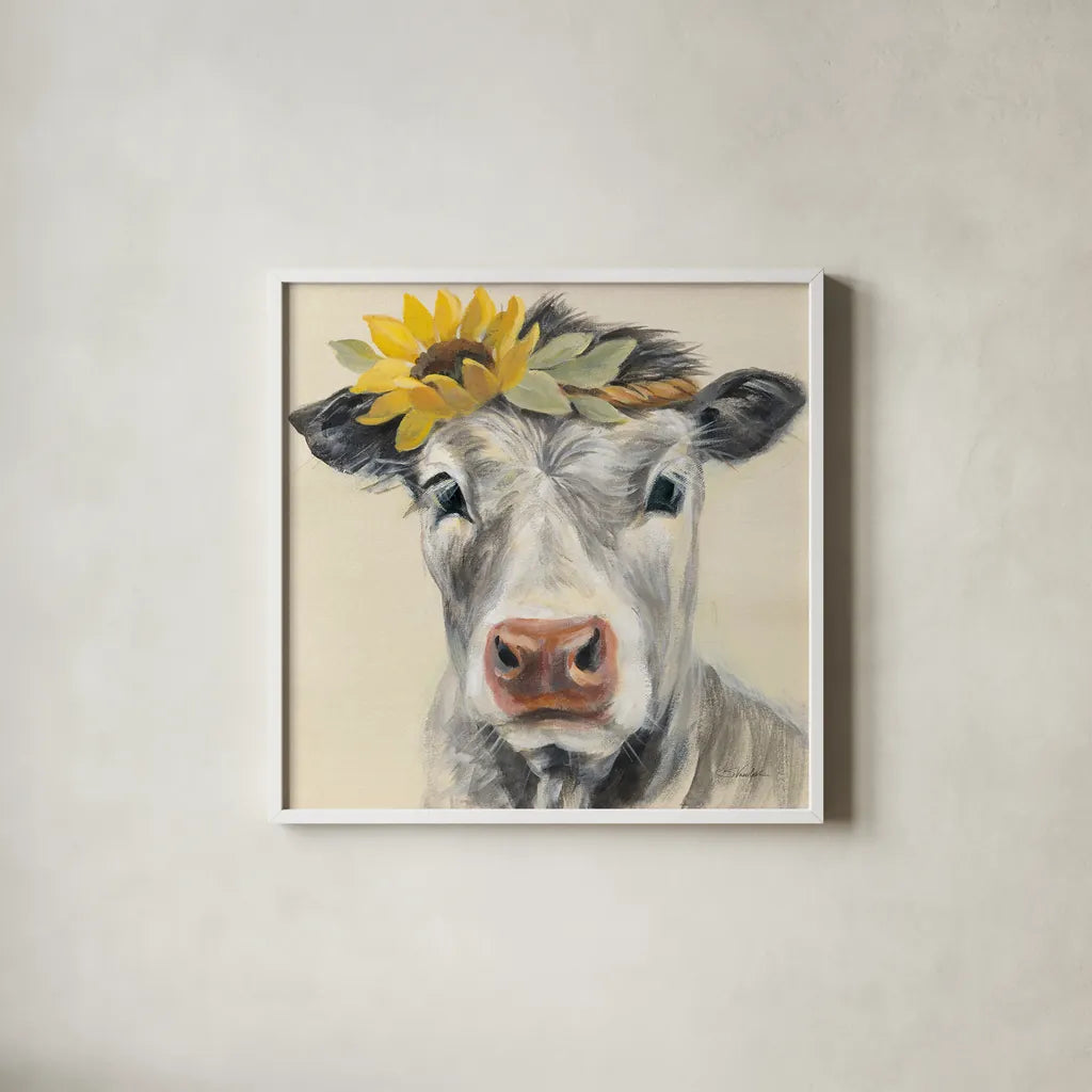 Pretty Cow by Silvia Vassileva. Shown in a crisp white glass frame for a clean and minimalist style. Available as an archival giclee rolled canvas, fine art paper, or poster print. SKU 77108a.