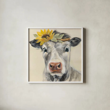 Pretty Cow by Silvia Vassileva. Shown in a crisp white glass frame for a clean and minimalist style. Available as an archival giclee rolled canvas, fine art paper, or poster print. SKU 77108a.