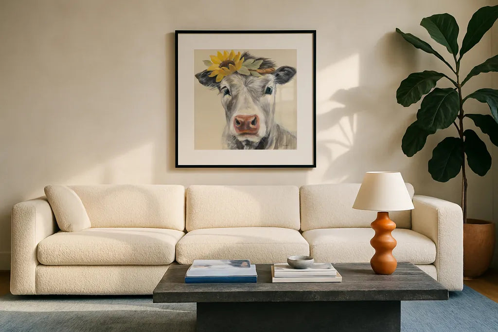 Pretty Cow by Silvia Vassileva. Displayed in a glass frame with matte in a clean modern living room. Available as an archival giclee rolled canvas, fine art paper, or poster print. SKU 77108a.