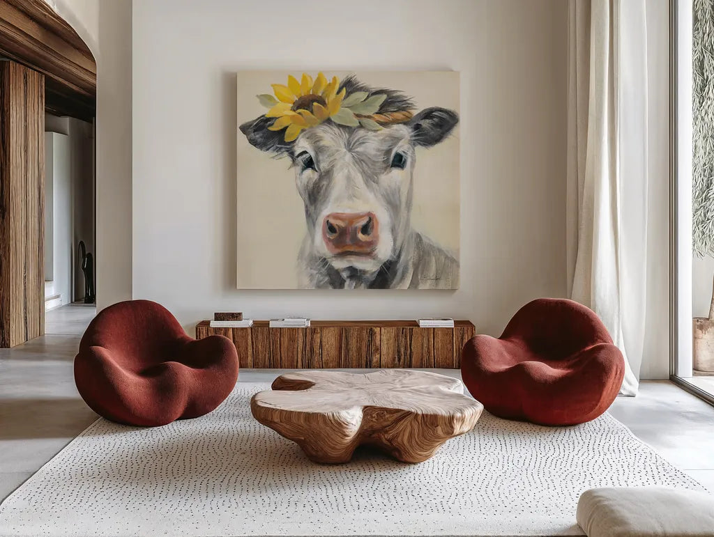 Pretty Cow by Silvia Vassileva. Shown as extra-large giant wall art in a modern living room. Available as an archival giclee rolled canvas, fine art paper, or poster print. SKU 77108a.