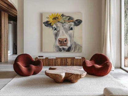 Pretty Cow by Silvia Vassileva. Shown as extra-large giant wall art in a modern living room. Available as an archival giclee rolled canvas, fine art paper, or poster print. SKU 77108a.