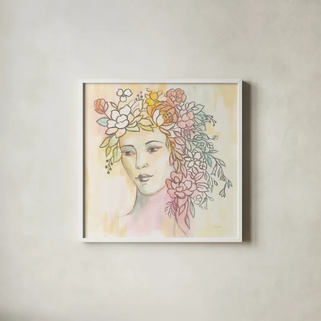 Primavera by Silvia Vassileva. Shown in a crisp white glass frame for a clean and minimalist style. Available as an archival giclee rolled canvas, fine art paper, or poster print. SKU 63906a.
