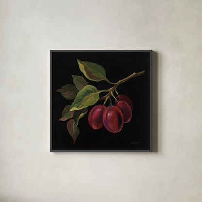 Prune no Words by Silvia Vassileva. Shown in a sleek black glass frame for a contemporary gallery look. Available as an archival giclee rolled canvas, fine art paper, or poster print. SKU 29206a.