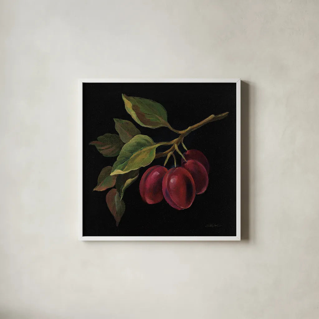 Prune no Words by Silvia Vassileva. Shown in a crisp white glass frame for a clean and minimalist style. Available as an archival giclee rolled canvas, fine art paper, or poster print. SKU 29206a.