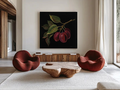 Prune no Words by Silvia Vassileva. Shown as extra-large giant wall art in a modern living room. Available as an archival giclee rolled canvas, fine art paper, or poster print. SKU 29206a.