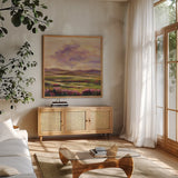 Purple Cloud by Silvia Vassileva. Shown in a natural wood frame in a cozy modern living room. Available as an archival giclee rolled canvas, fine art paper, or poster print. SKU 100286a.