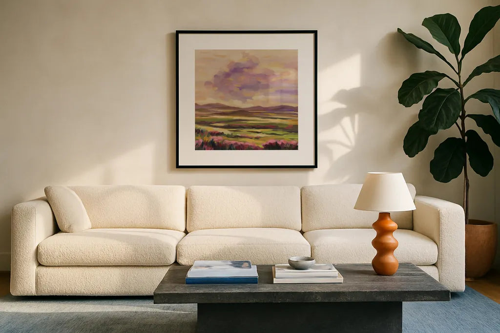 Purple Cloud by Silvia Vassileva. Displayed in a glass frame with matte in a clean modern living room. Available as an archival giclee rolled canvas, fine art paper, or poster print. SKU 100286a.