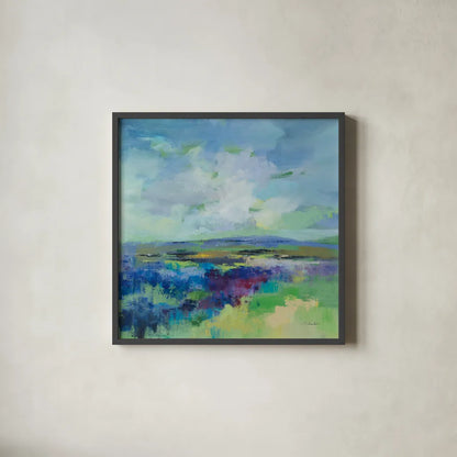 Purple Field by Silvia Vassileva. Shown in a sleek black glass frame for a contemporary gallery look. Available as an archival giclee rolled canvas, fine art paper, or poster print. SKU 91547a.