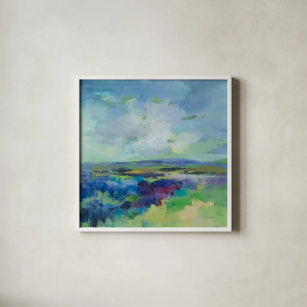 Purple Field by Silvia Vassileva. Shown in a crisp white glass frame for a clean and minimalist style. Available as an archival giclee rolled canvas, fine art paper, or poster print. SKU 91547a.