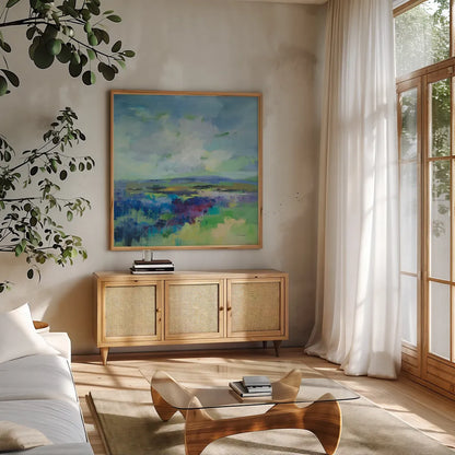 Purple Field by Silvia Vassileva. Shown in a natural wood frame in a cozy modern living room. Available as an archival giclee rolled canvas, fine art paper, or poster print. SKU 91547a.