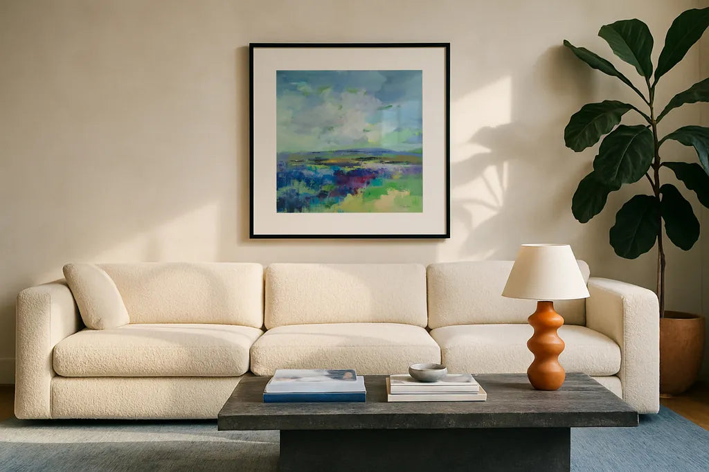 Purple Field by Silvia Vassileva. Displayed in a glass frame with matte in a clean modern living room. Available as an archival giclee rolled canvas, fine art paper, or poster print. SKU 91547a.