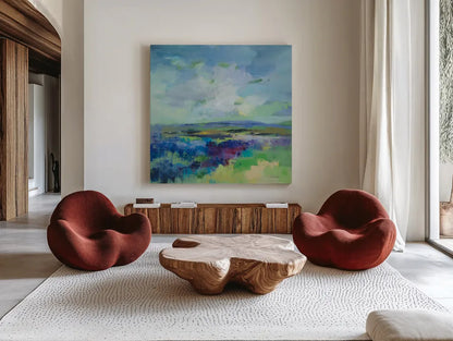 Purple Field by Silvia Vassileva. Shown as extra-large giant wall art in a modern living room. Available as an archival giclee rolled canvas, fine art paper, or poster print. SKU 91547a.