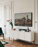 Queensboro Bridge by Silvia Vassileva. shown as a framed stretched canvas in a living room above a console. Available as a archival giclee rolled canvas, fine art paper, or poster print. SKU 13583i.