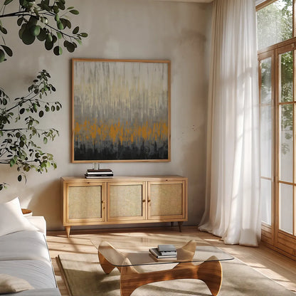 Rain on the Asphalt by Silvia Vassileva. Shown in a natural wood frame in a cozy modern living room. Available as an archival giclee rolled canvas, fine art paper, or poster print. SKU 36375a.