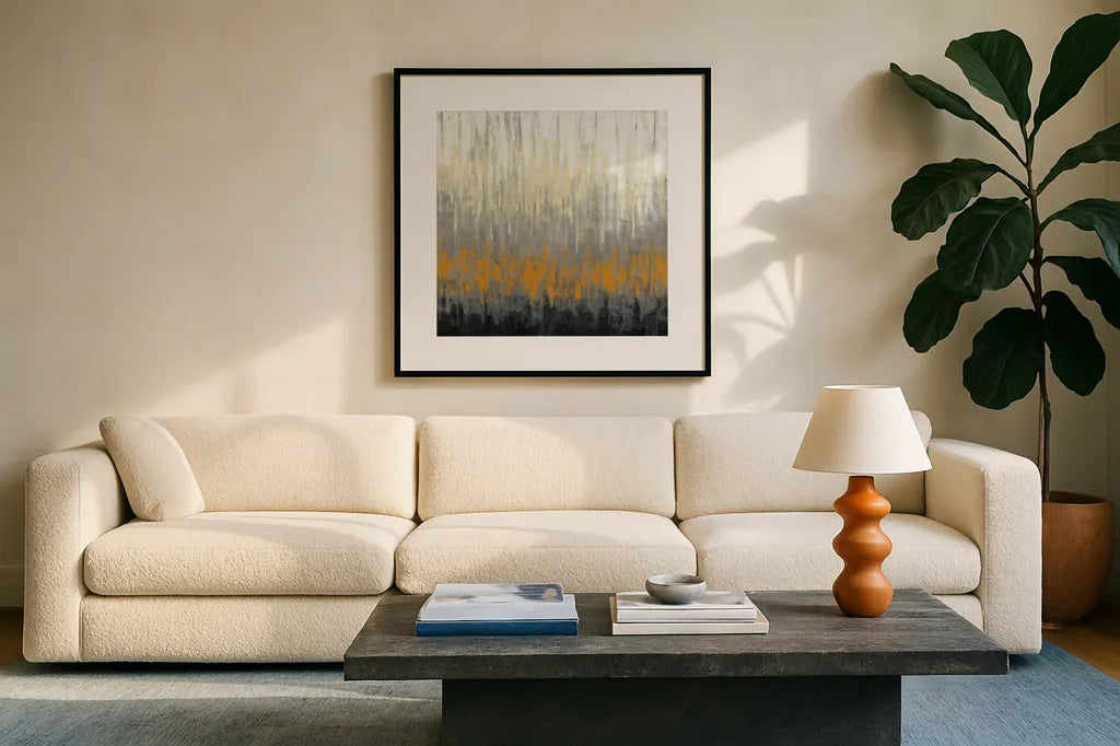 Rain on the Asphalt by Silvia Vassileva. Displayed in a glass frame with matte in a clean modern living room. Available as an archival giclee rolled canvas, fine art paper, or poster print. SKU 36375a.