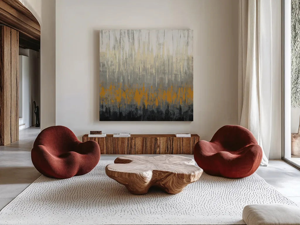 Rain on the Asphalt by Silvia Vassileva. Shown as extra-large giant wall art in a modern living room. Available as an archival giclee rolled canvas, fine art paper, or poster print. SKU 36375a.