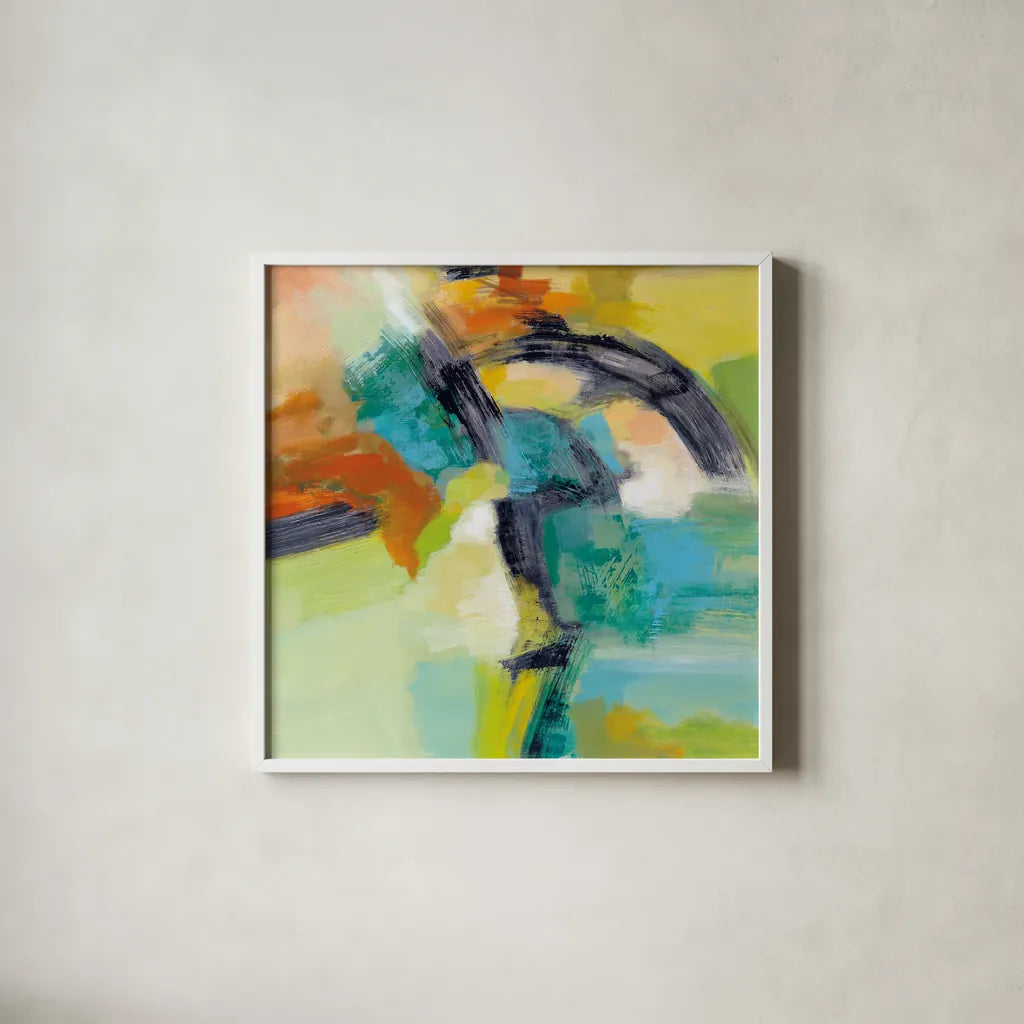 Rainbow on the Asphalt by Silvia Vassileva. Shown in a crisp white glass frame for a clean and minimalist style. Available as an archival giclee rolled canvas, fine art paper, or poster print. SKU 63903a.