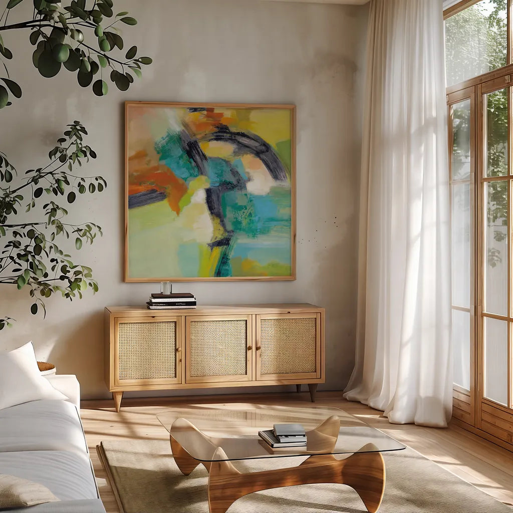 Rainbow on the Asphalt by Silvia Vassileva. Shown in a natural wood frame in a cozy modern living room. Available as an archival giclee rolled canvas, fine art paper, or poster print. SKU 63903a.