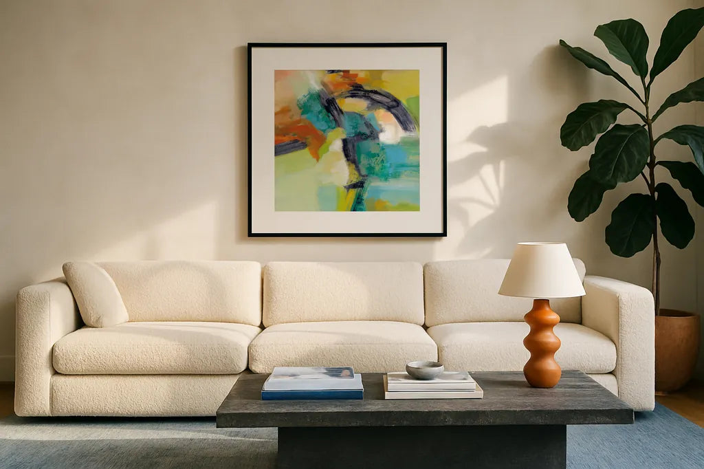 Rainbow on the Asphalt by Silvia Vassileva. Displayed in a glass frame with matte in a clean modern living room. Available as an archival giclee rolled canvas, fine art paper, or poster print. SKU 63903a.
