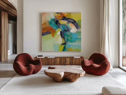Rainbow on the Asphalt by Silvia Vassileva. Shown as extra-large giant wall art in a modern living room. Available as an archival giclee rolled canvas, fine art paper, or poster print. SKU 63903a.