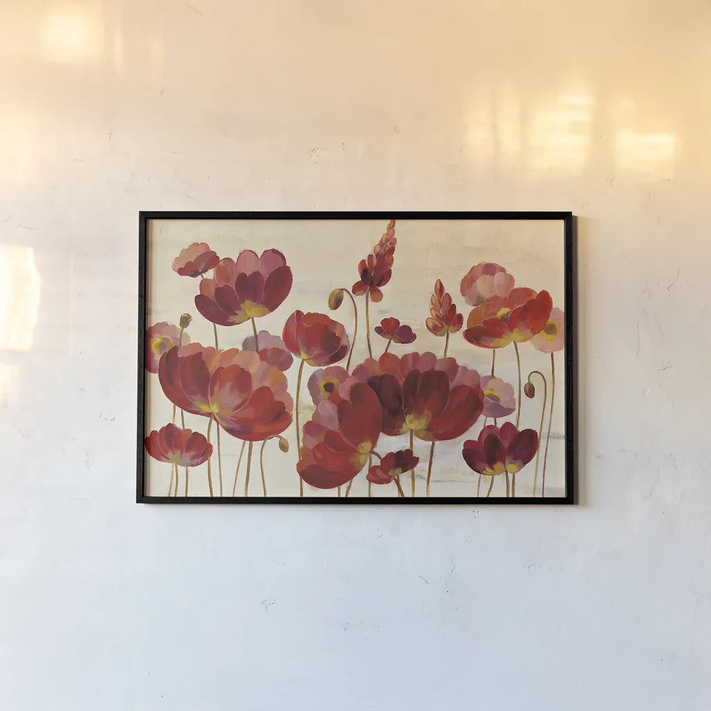 Red Flowers on Cream Crop by Silvia Vassileva. shown as a paper print in a black flame. Available as a archival giclee rolled canvas, fine art paper, or poster print. SKU 34488i.