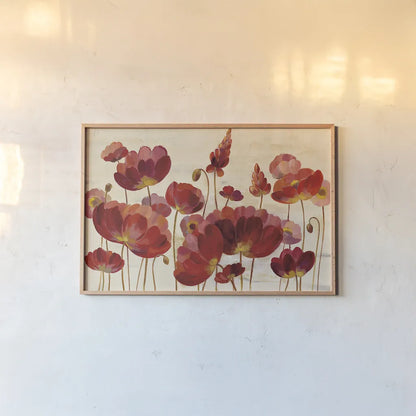 Red Flowers on Cream Crop by Silvia Vassileva. shown as a paper print in a natural frame. Available as a archival giclee rolled canvas, fine art paper, or poster print. SKU 34488i.