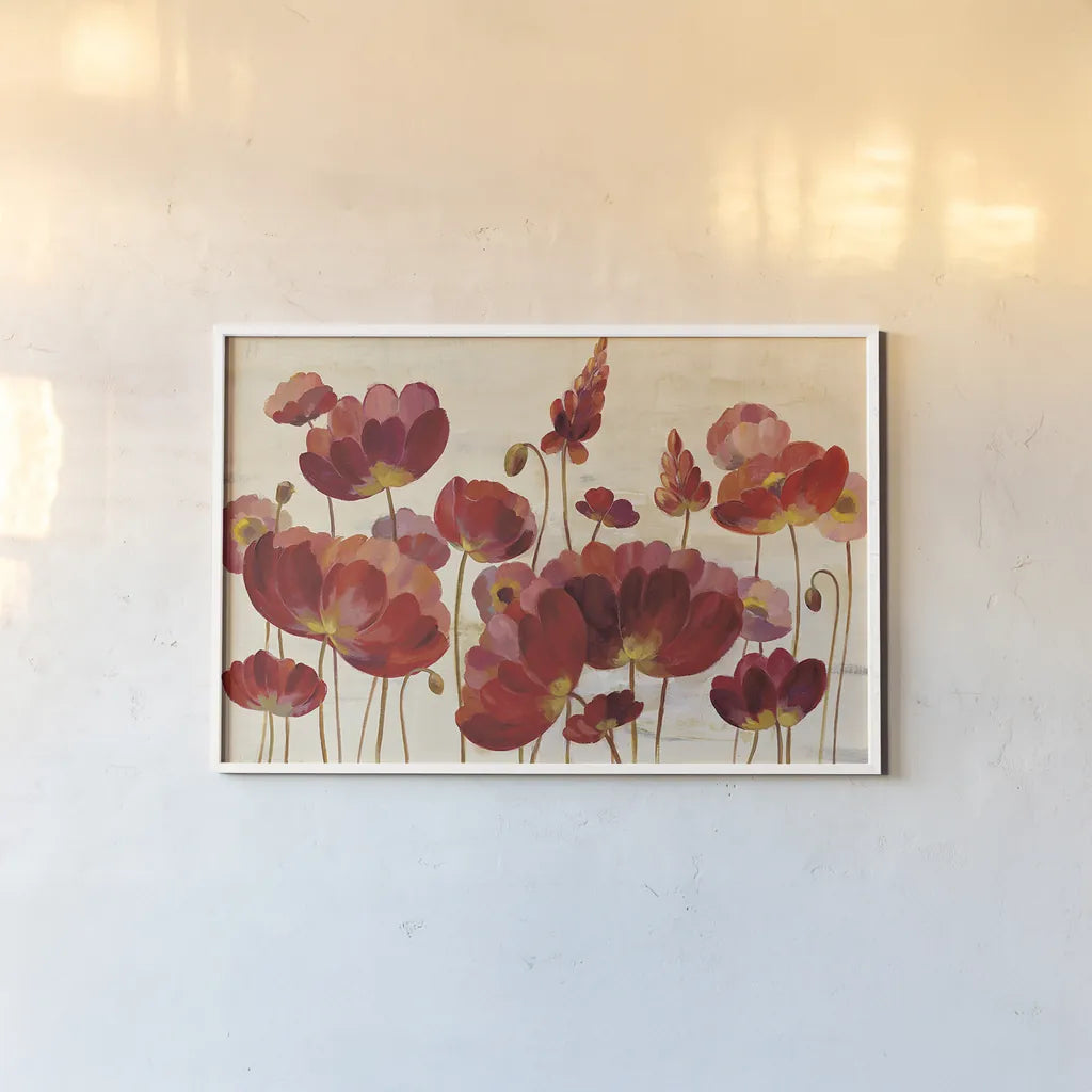 Red Flowers on Cream Crop by Silvia Vassileva. shown as a paper print in a white frame. Available as a archival giclee rolled canvas, fine art paper, or poster print. SKU 34488i.