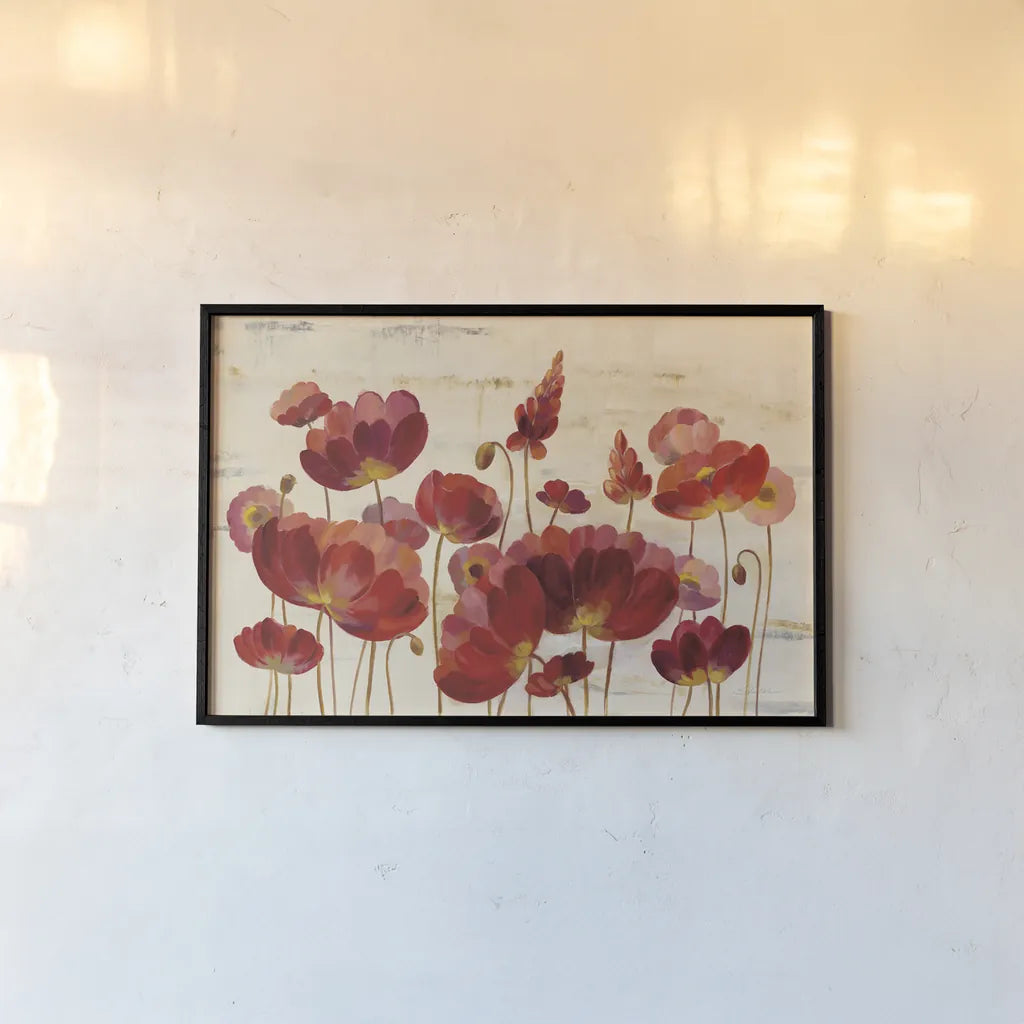 Red Flowers on Marble by Silvia Vassileva. shown as a paper print in a black flame. Available as a archival giclee rolled canvas, fine art paper, or poster print. SKU 31703i.