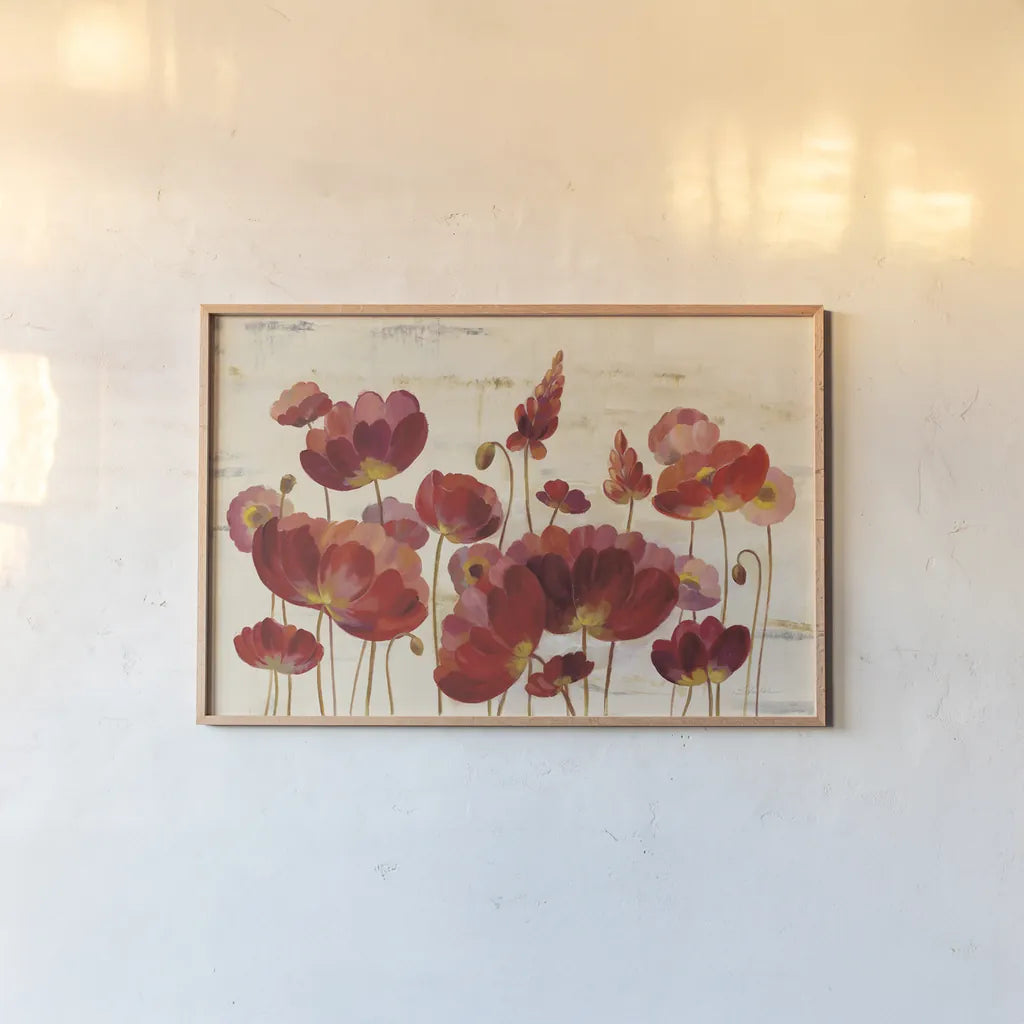 Red Flowers on Marble by Silvia Vassileva. shown as a paper print in a natural frame. Available as a archival giclee rolled canvas, fine art paper, or poster print. SKU 31703i.