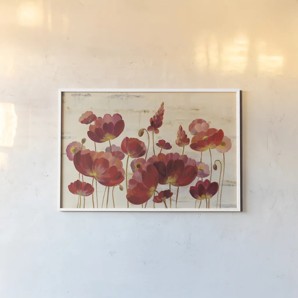 Red Flowers on Marble by Silvia Vassileva. shown as a paper print in a white frame. Available as a archival giclee rolled canvas, fine art paper, or poster print. SKU 31703i.
