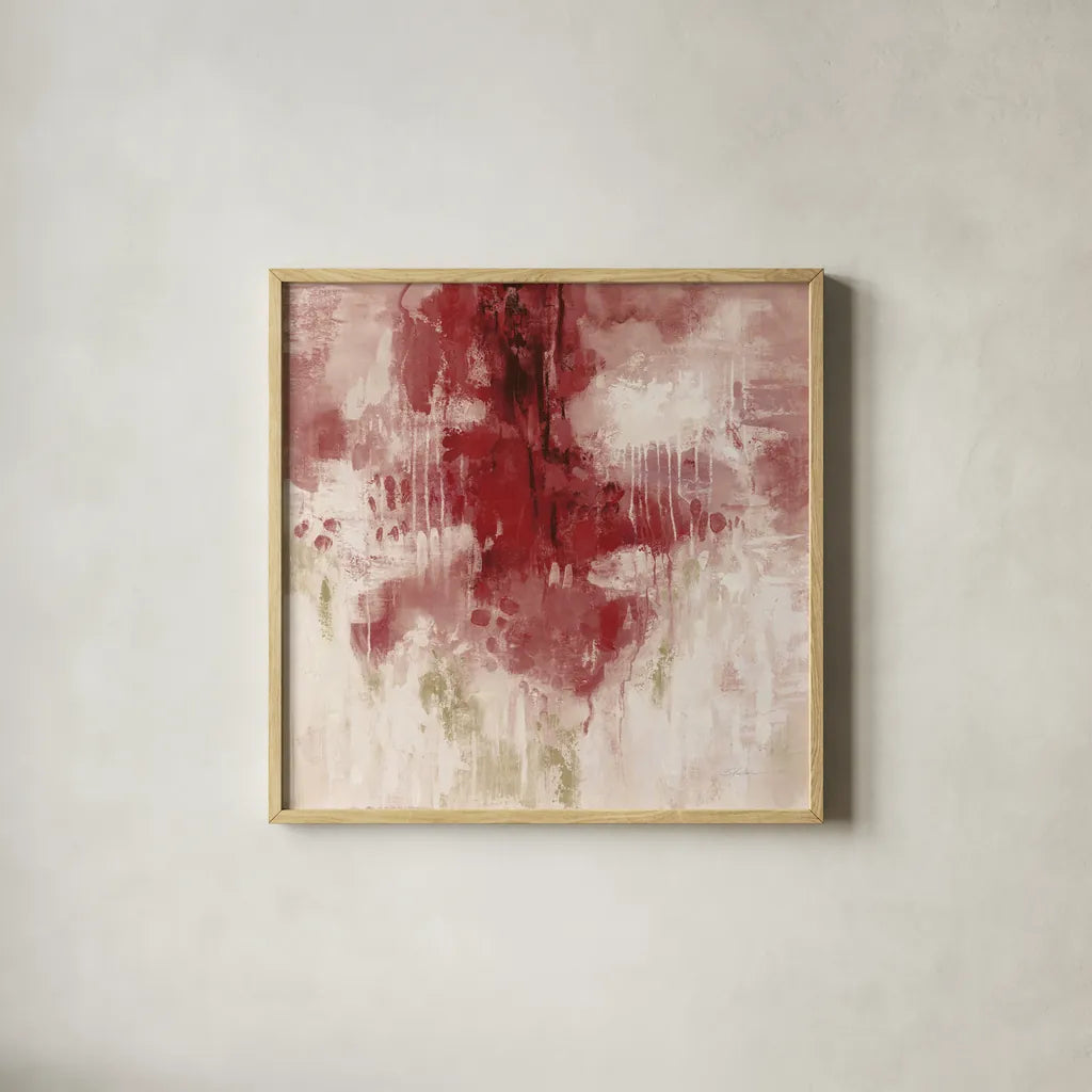 Red Rain by Silvia Vassileva. Shown in a natural wood glass frame for a timeless modern aesthetic. Available as an archival giclee rolled canvas, fine art paper, or poster print. SKU 55993a.