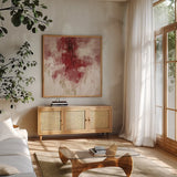 Red Rain by Silvia Vassileva. Shown in a natural wood frame in a cozy modern living room. Available as an archival giclee rolled canvas, fine art paper, or poster print. SKU 55993a.