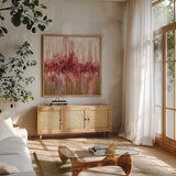 Red Reflections by Silvia Vassileva. Shown in a natural wood frame in a cozy modern living room. Available as an archival giclee rolled canvas, fine art paper, or poster print. SKU 55992a.