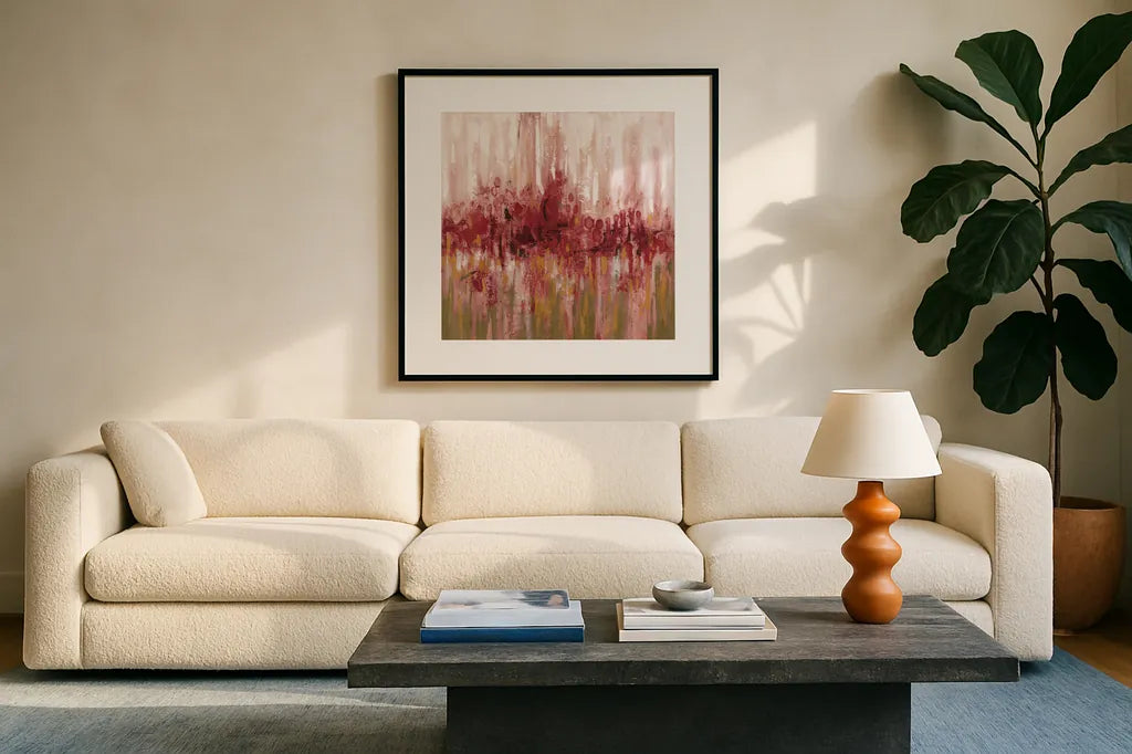 Red Reflections by Silvia Vassileva. Displayed in a glass frame with matte in a clean modern living room. Available as an archival giclee rolled canvas, fine art paper, or poster print. SKU 55992a.