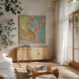 Retro Jewel Tones I by Silvia Vassileva. Shown in a natural wood frame in a cozy modern living room. Available as an archival giclee rolled canvas, fine art paper, or poster print. SKU 65672a.