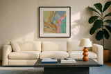 Retro Jewel Tones I by Silvia Vassileva. Displayed in a glass frame with matte in a clean modern living room. Available as an archival giclee rolled canvas, fine art paper, or poster print. SKU 65672a.