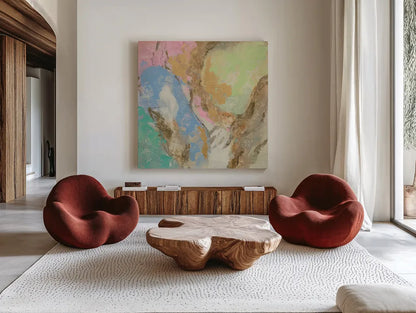 Retro Jewel Tones II by Silvia Vassileva. Shown as extra-large giant wall art in a modern living room. Available as an archival giclee rolled canvas, fine art paper, or poster print. SKU 65673a.