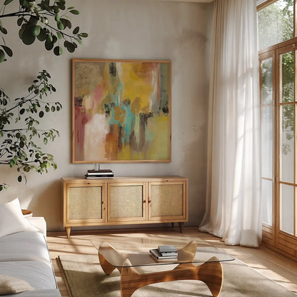 Retro Moment by Silvia Vassileva. Shown in a natural wood frame in a cozy modern living room. Available as an archival giclee rolled canvas, fine art paper, or poster print. SKU 65598a.