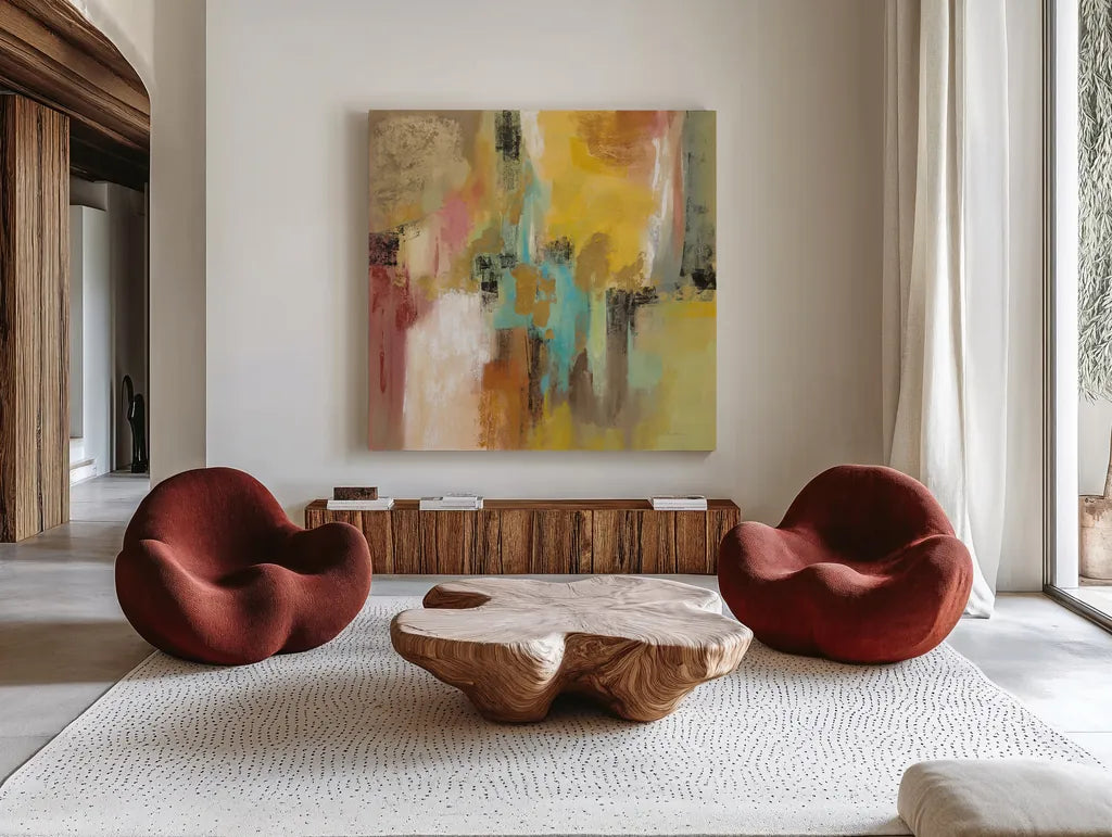 Retro Moment by Silvia Vassileva. Shown as extra-large giant wall art in a modern living room. Available as an archival giclee rolled canvas, fine art paper, or poster print. SKU 65598a.