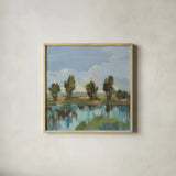 River Reflections by Silvia Vassileva. Shown in a natural wood glass frame for a timeless modern aesthetic. Available as an archival giclee rolled canvas, fine art paper, or poster print. SKU 96738a.