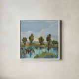 River Reflections by Silvia Vassileva. Shown in a crisp white glass frame for a clean and minimalist style. Available as an archival giclee rolled canvas, fine art paper, or poster print. SKU 96738a.