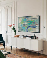 River Whirlpool v2 by Silvia Vassileva. shown as a framed stretched canvas in a living room above a console. Available as a archival giclee rolled canvas, fine art paper, or poster print. SKU 28413i.